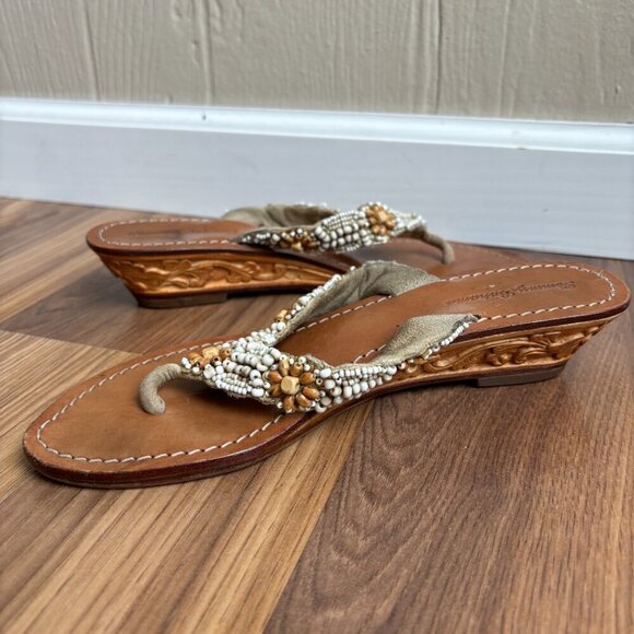 Tommy Bahama Beaded Carved Wood Wedge Flip Flop Thong Sandals Beachy Boho - Picture 11 of 15